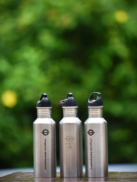 Steel water bottles provided to guests at Denwa Backwater Escape